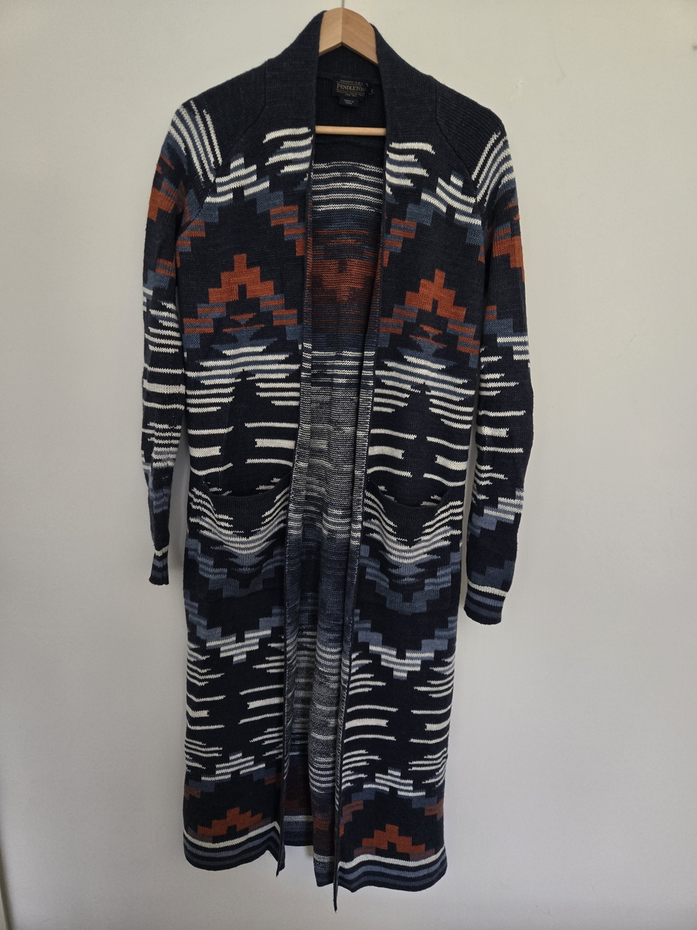 Pendleton Navy, Rust & Cream Aztec Open-Front Knit Long Duster Cardigan Size XS